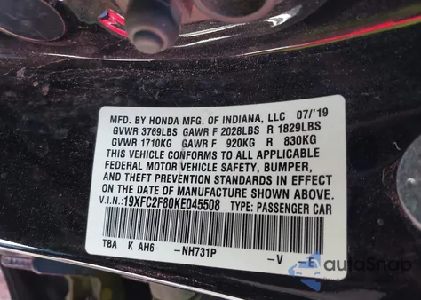 2019 Honda Civic Sport из США, поврежденный, VIN 19XFC2F80KE045508